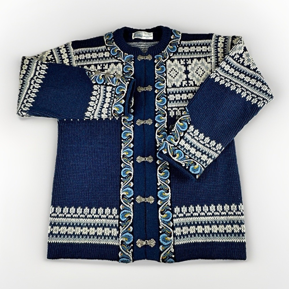 Vintage Siril Norway 100% Wool Cardigan Womens L** Nordic Fair Isle Metal Clasp
